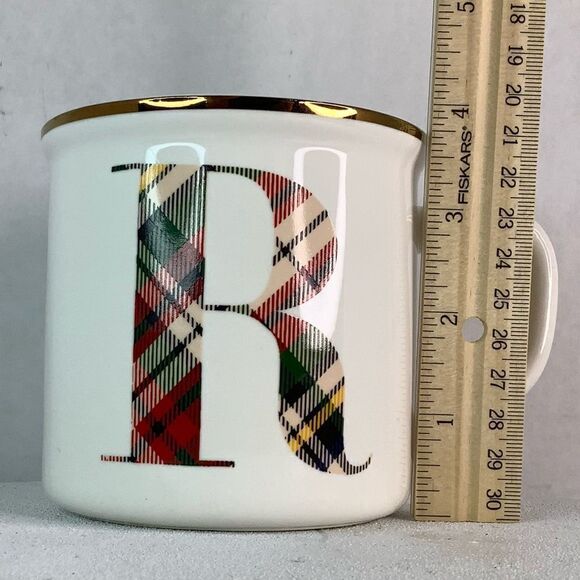 Pottery Barn Plaid/White Letter R Coffee Cup Alphabet Initial Monogram Stoneware - Picture 9 of 11